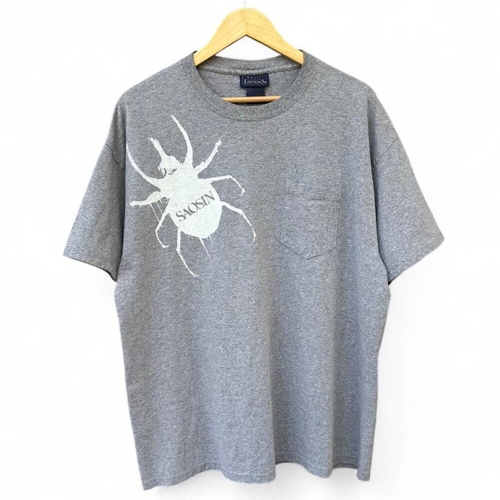 Saosin graphic screen printed on vintage basic editions grey pocket tee skate